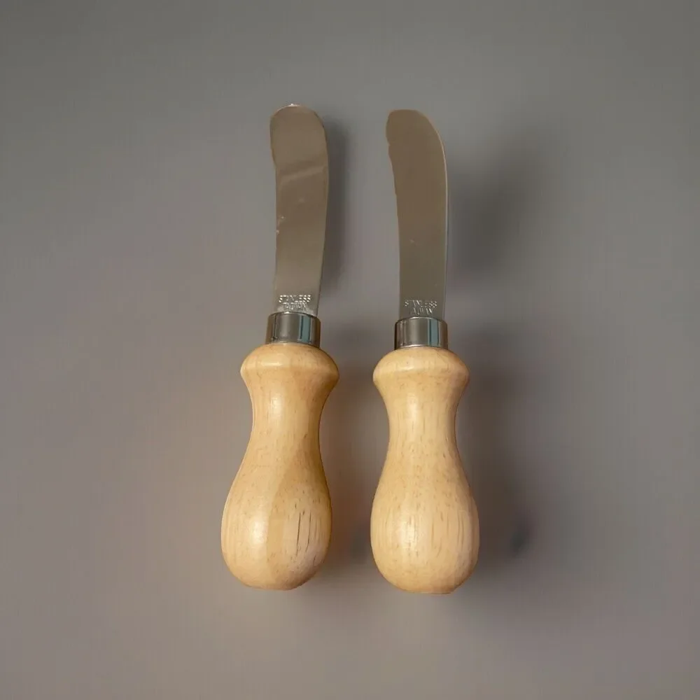 Vintage Stainless Steel Cheese Knife Spreaders Slicers Wooden Handles